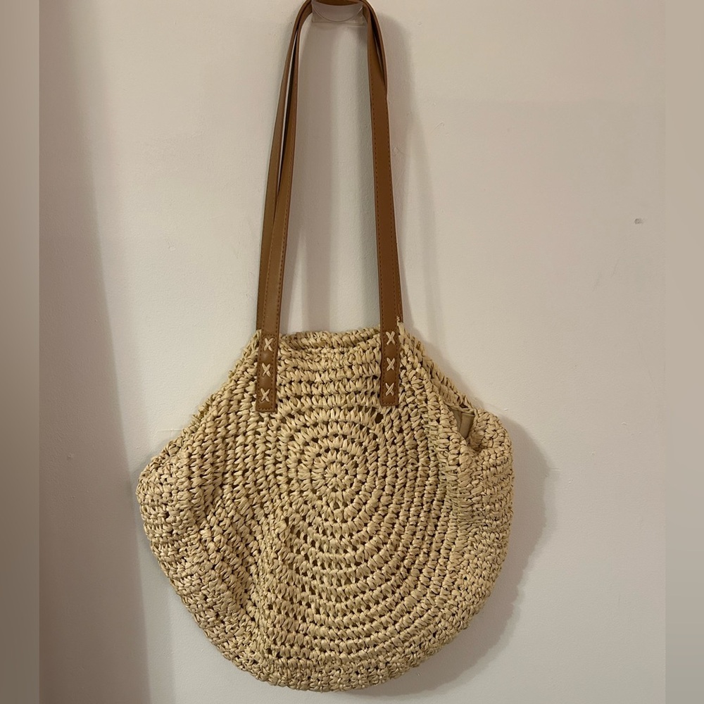Woven Straw Tote Bag with Brown Handles